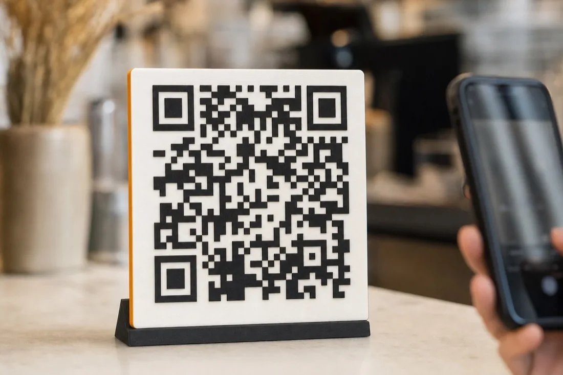 A 3D-printed QR code table sign: off-white slab with the QR code raised in black relief and an orange edge, on a cafe counter while a phone scans it.